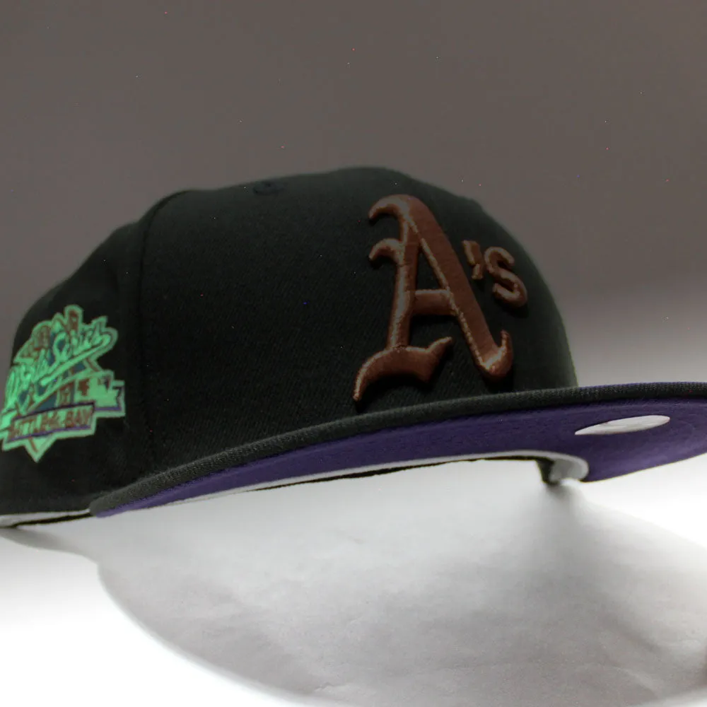 Oakland Athletics 1989 Battle of the Bay World Series New Era 59Fifty Fitted Hat (Glow in the Dark Black Metallic Copper Purple Under Brim)