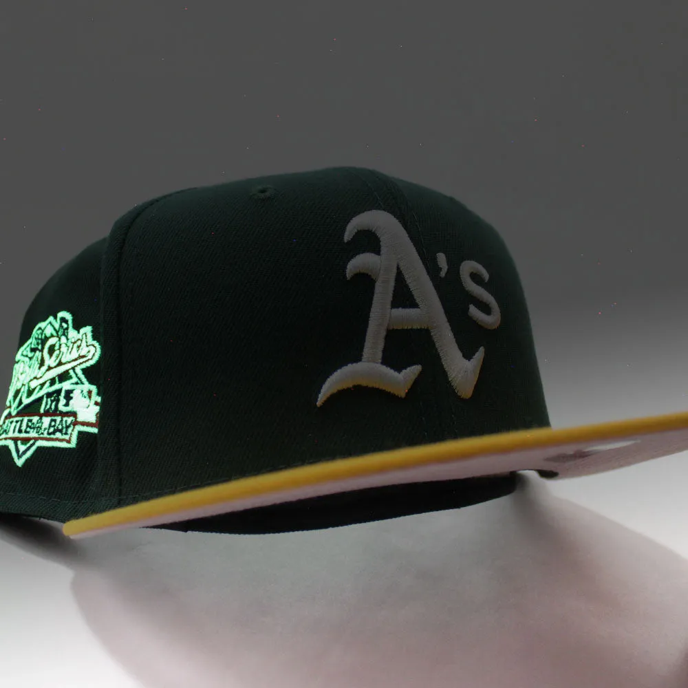 Oakland Athletics 1989 World Series BATTLE OF THE BAY New Era 59Fifty Fitted Hat (Green Yellow Pink Under Brim)