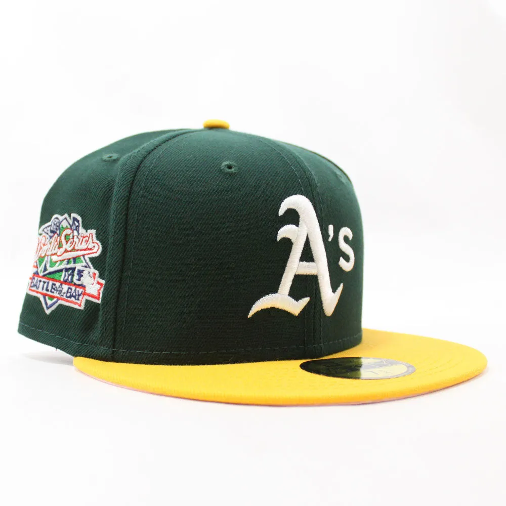 Oakland Athletics 1989 World Series BATTLE OF THE BAY New Era 59Fifty Fitted Hat (Green Yellow Pink Under Brim)