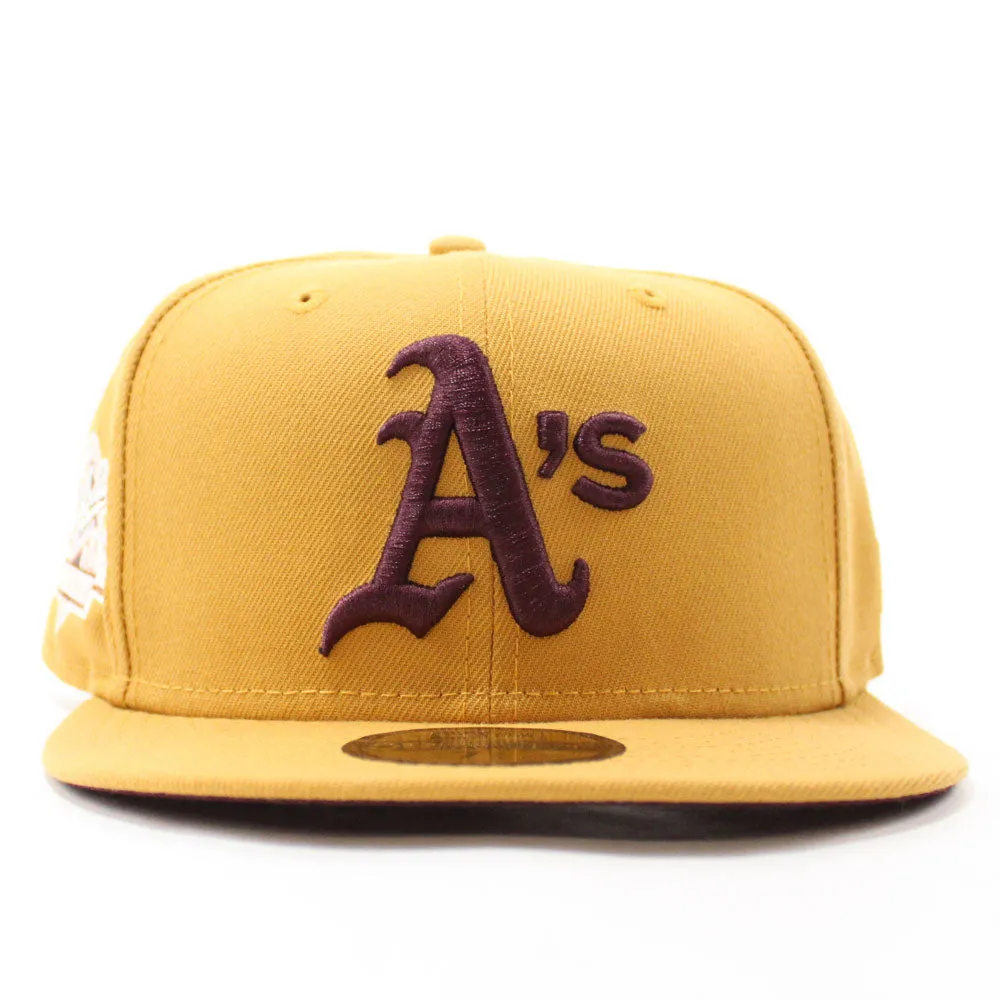 Oakland Athletics 1989 World Series New Era 59Fifty Fitted Hat (Glow in the Dark Tan Maroon Under Brim)
