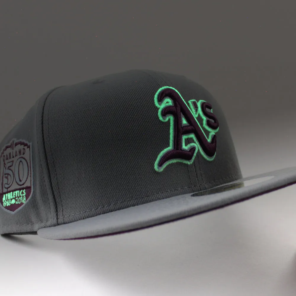 Oakland Athletics 50th Anniversary New Era 59Fifty Fitted Hat (GITD Storm Grey Maroon Under Brim)