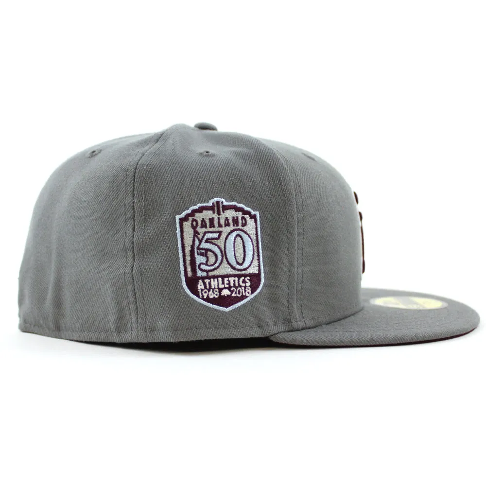 Oakland Athletics 50th Anniversary New Era 59Fifty Fitted Hat (GITD Storm Grey Maroon Under Brim)