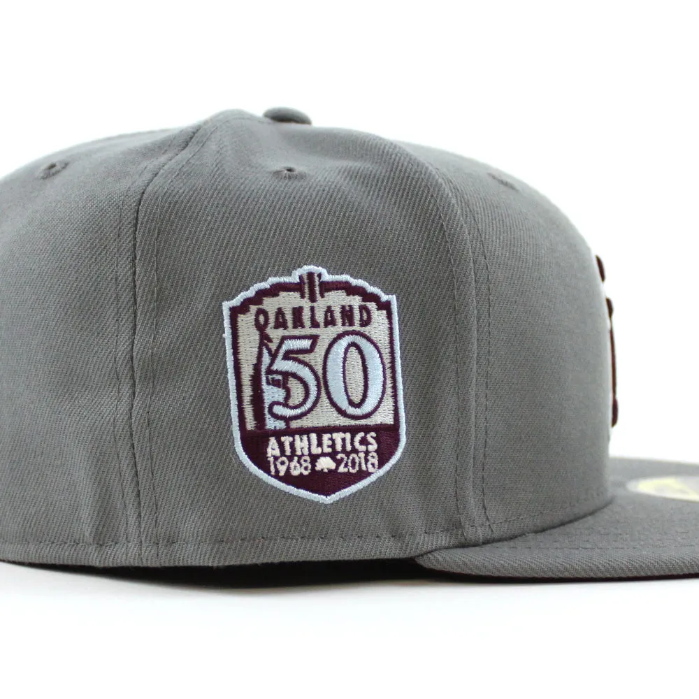 Oakland Athletics 50th Anniversary New Era 59Fifty Fitted Hat (GITD Storm Grey Maroon Under Brim)