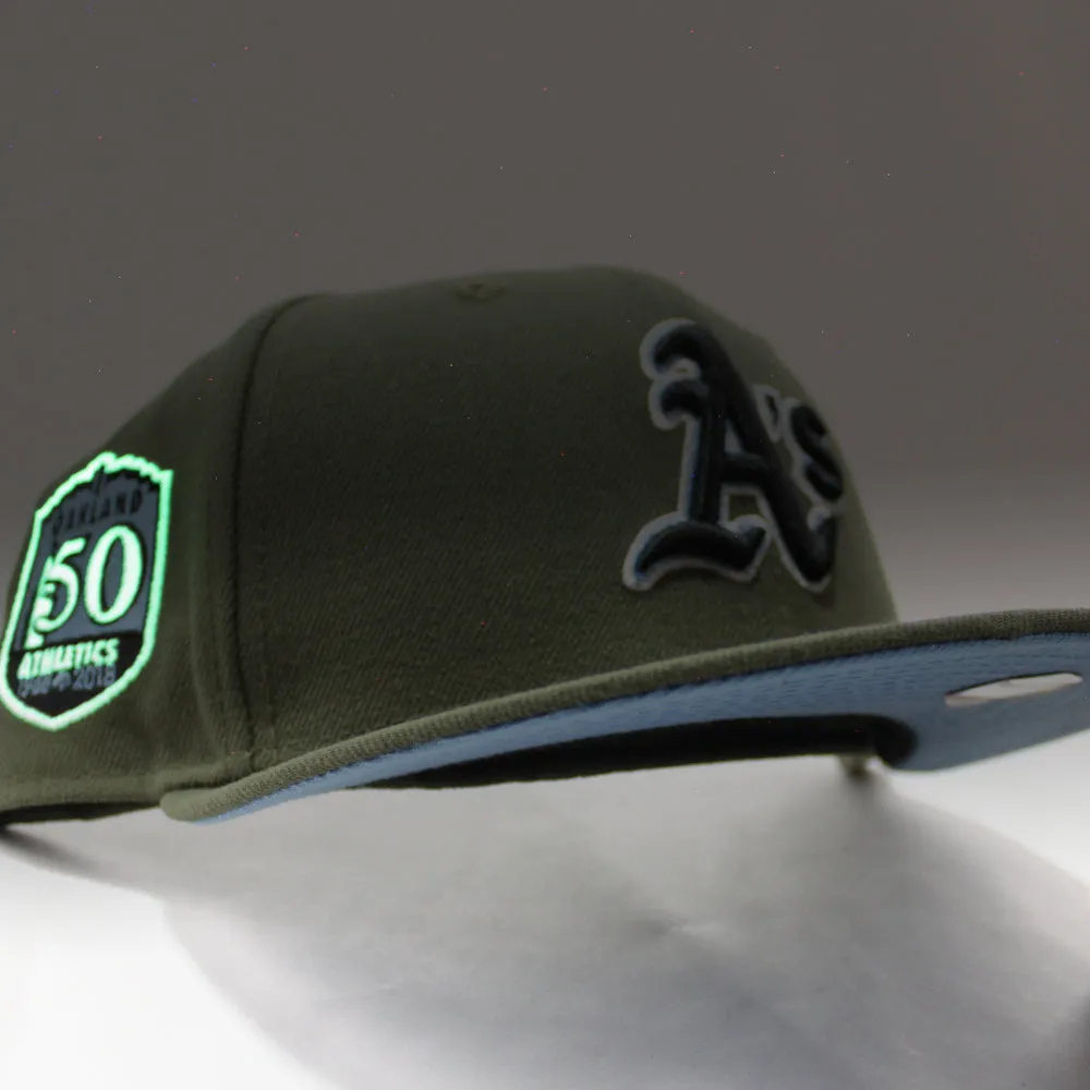 Oakland Athletics 50th Anniversary New Era 59Fifty Fitted Hat (Glow in the Dark Olive Sky Blue Under Brim)