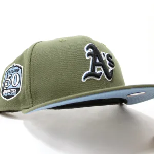 Oakland Athletics 50th Anniversary New Era 59Fifty Fitted Hat (Glow in the Dark Olive Sky Blue Under Brim)
