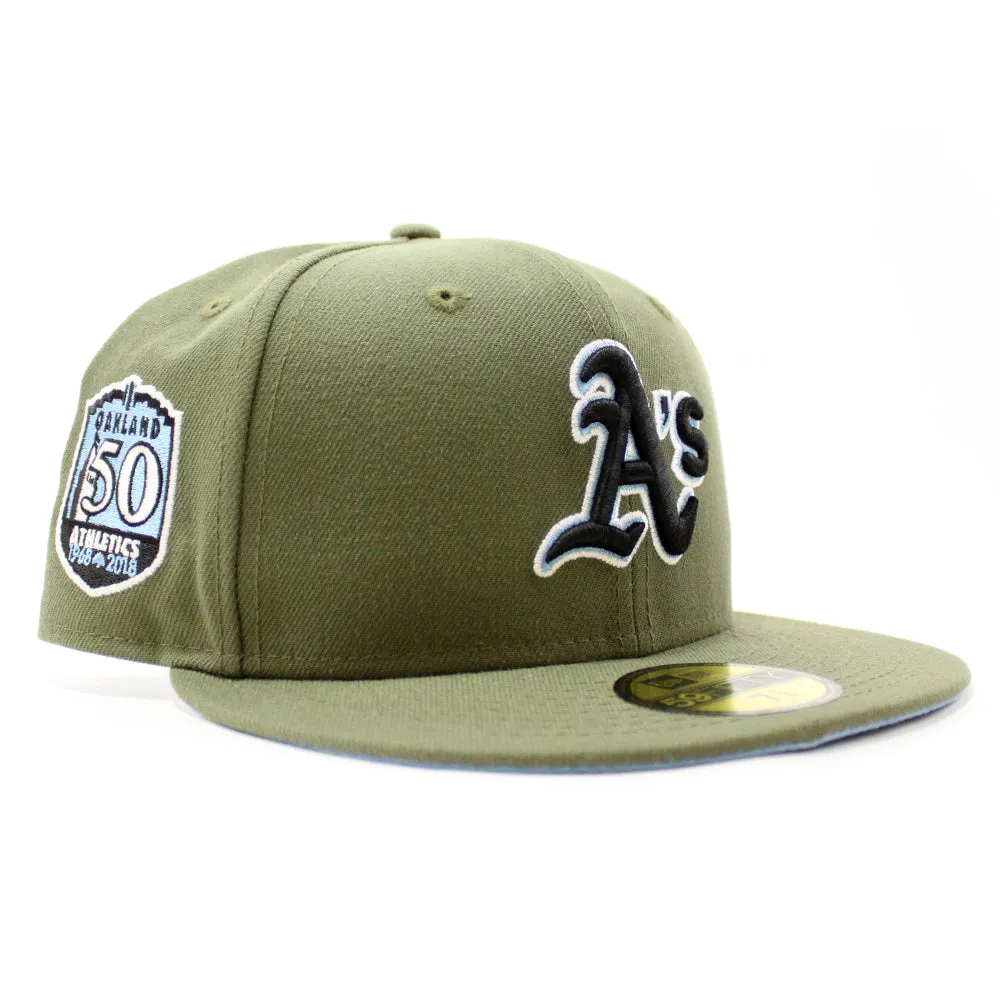 Oakland Athletics 50th Anniversary New Era 59Fifty Fitted Hat (Glow in the Dark Olive Sky Blue Under Brim)