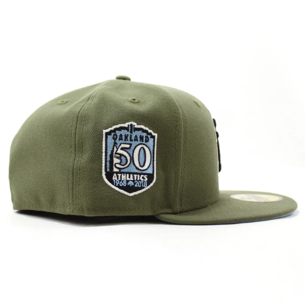 Oakland Athletics 50th Anniversary New Era 59Fifty Fitted Hat (Glow in the Dark Olive Sky Blue Under Brim)