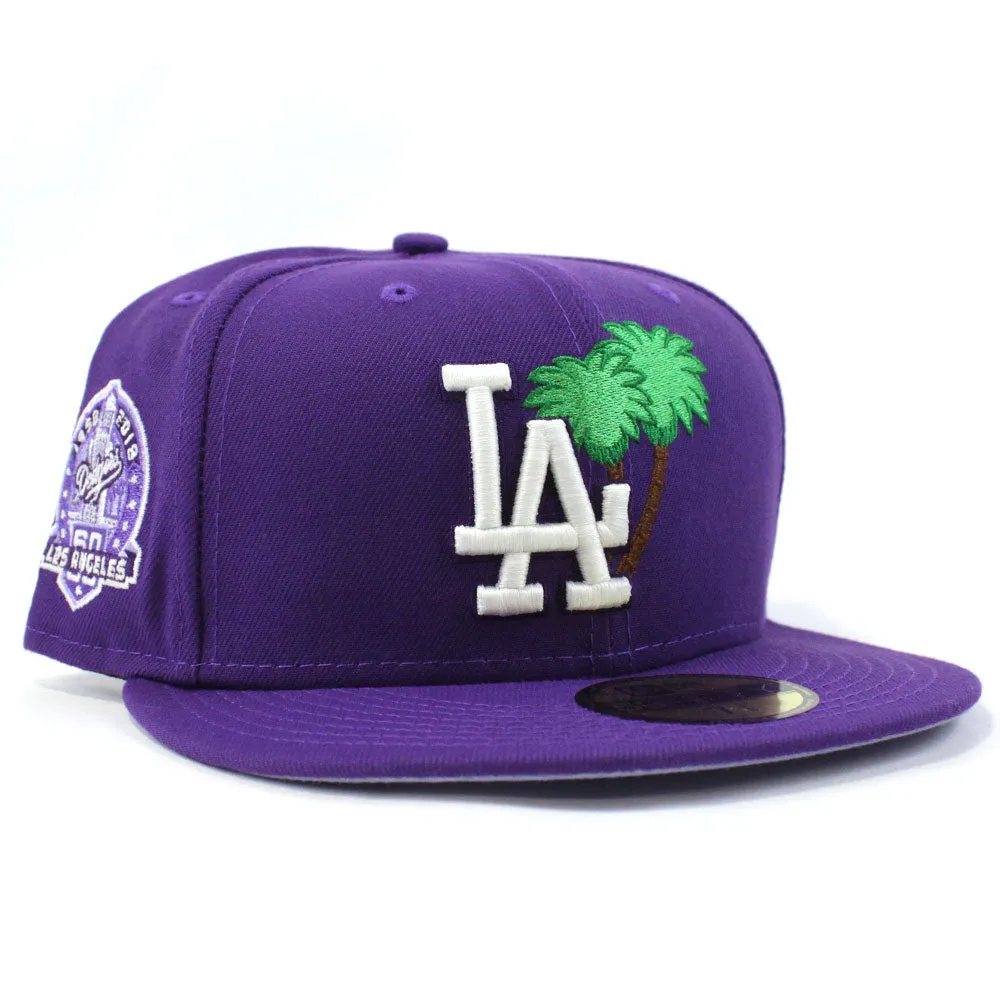 Palm Tree Los Angeles Dodgers 60th Anniversary New Era 59Fifty Fitted Hat (Purple Glow in the Dark Lavender Under Brim)