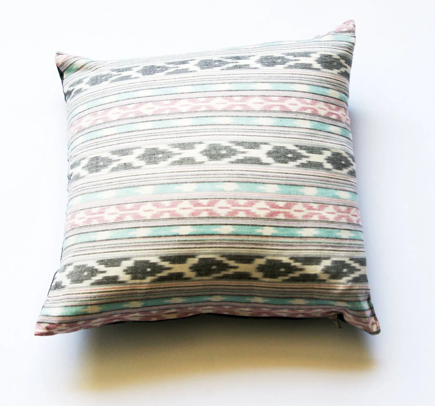 Pastel Pink and Blue Ikat Stripe Woven Square Pillow 20 x 20
