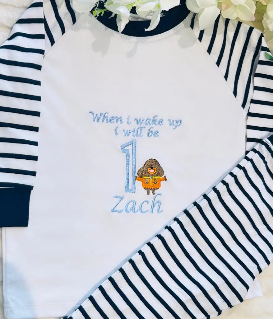 Personalised unisex navy stripe pjs hi