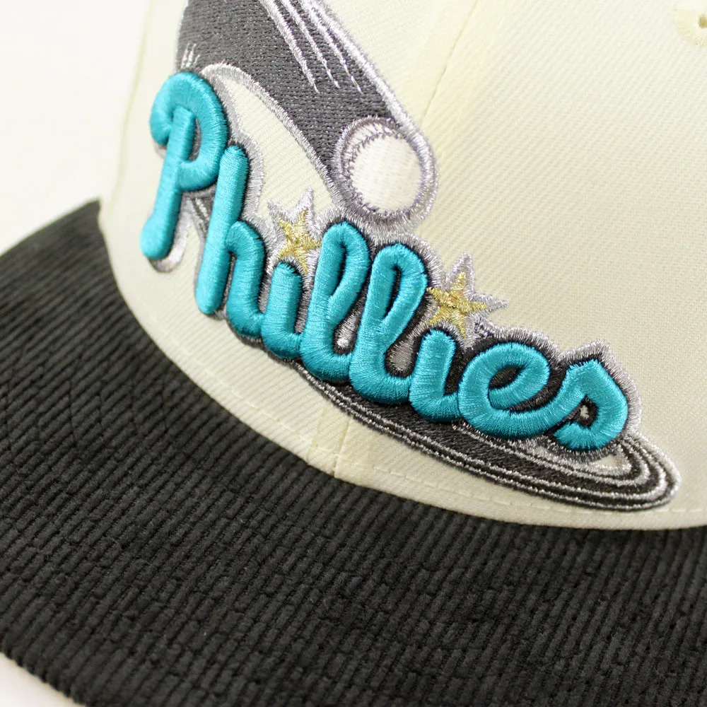 Philadelphia Phillies 1996 All Star Game 59Fifty New Era Fitted Hat (Glow in the Dark Chrome White Corduroy Metallic Gold Under Brim)