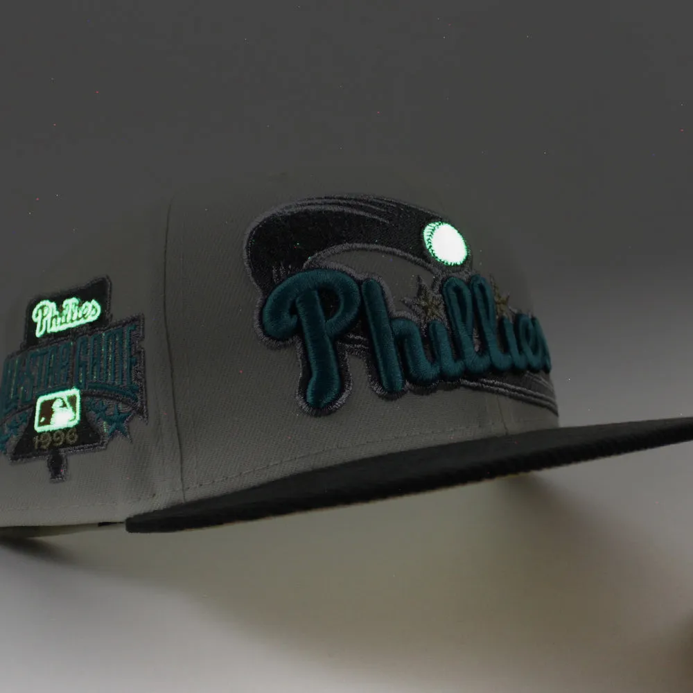 Philadelphia Phillies 1996 All Star Game 59Fifty New Era Fitted Hat (Glow in the Dark Chrome White Corduroy Metallic Gold Under Brim)