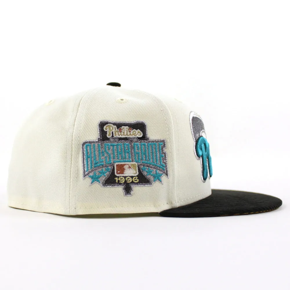 Philadelphia Phillies 1996 All Star Game 59Fifty New Era Fitted Hat (Glow in the Dark Chrome White Corduroy Metallic Gold Under Brim)
