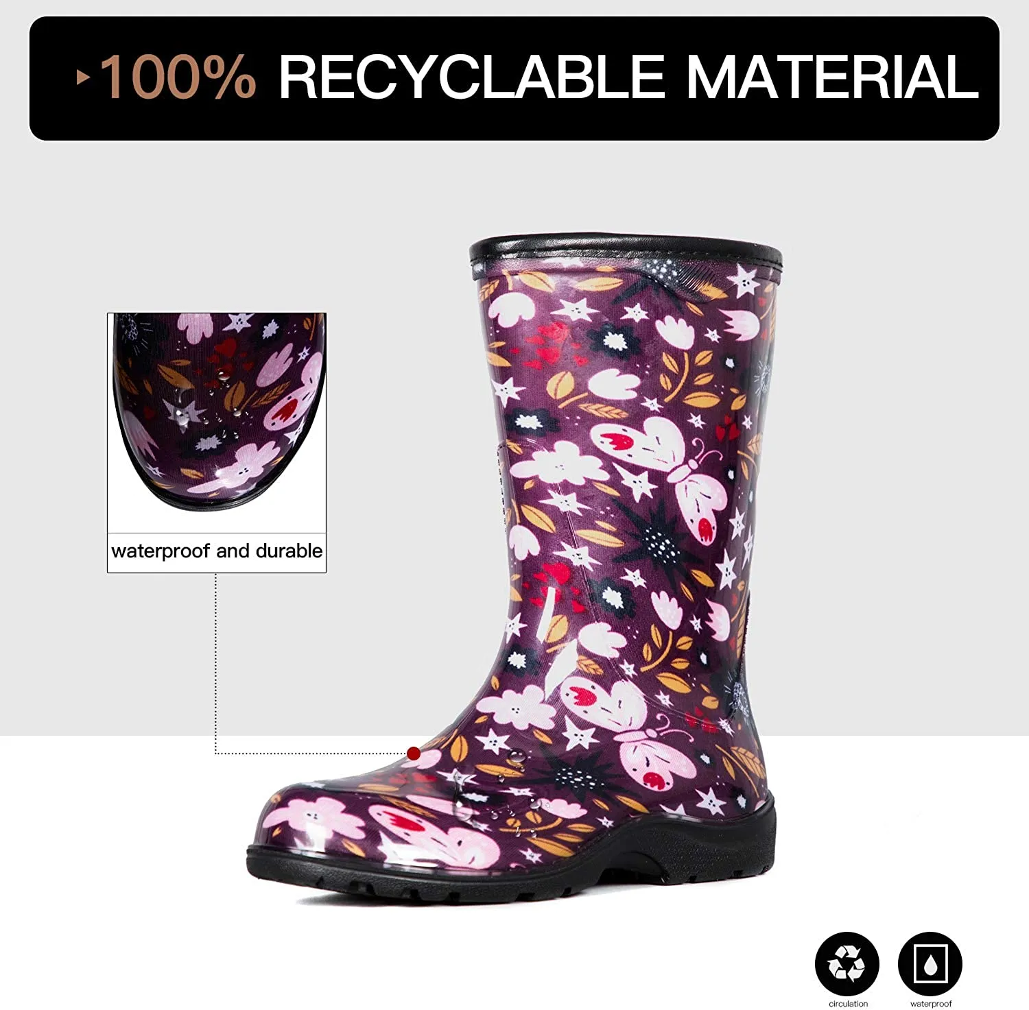 Pink Butterfly Waterproof Print Rain Boots
