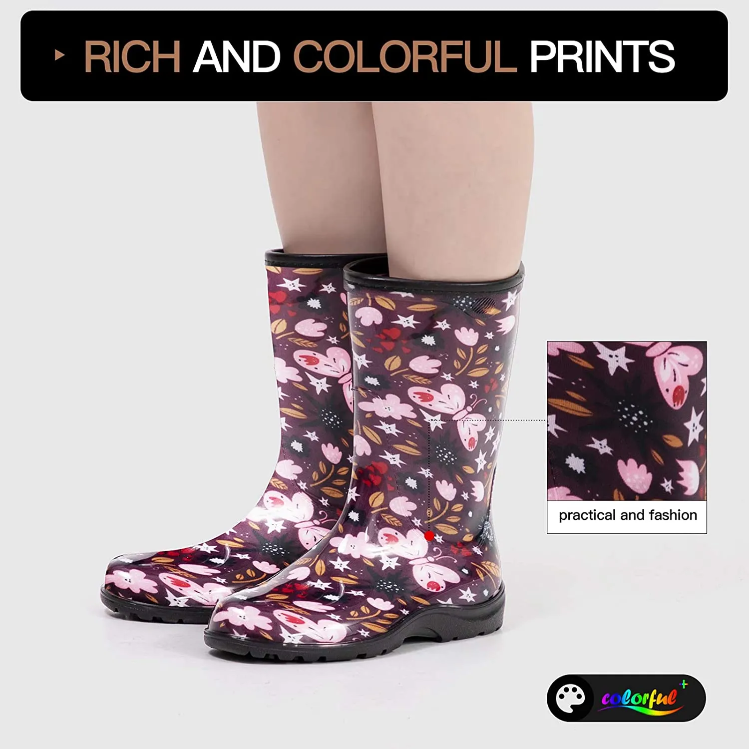 Pink Butterfly Waterproof Print Rain Boots