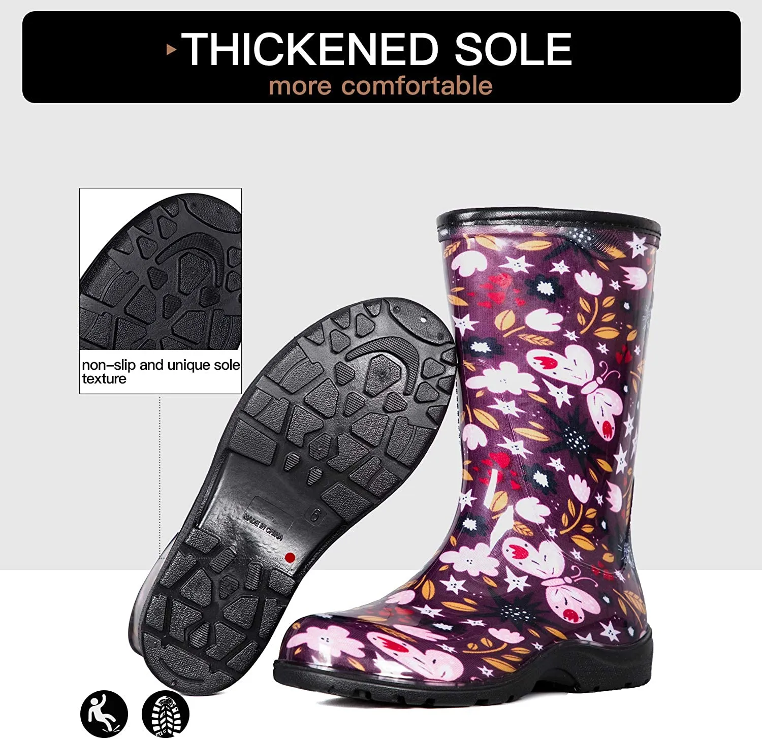 Pink Butterfly Waterproof Print Rain Boots