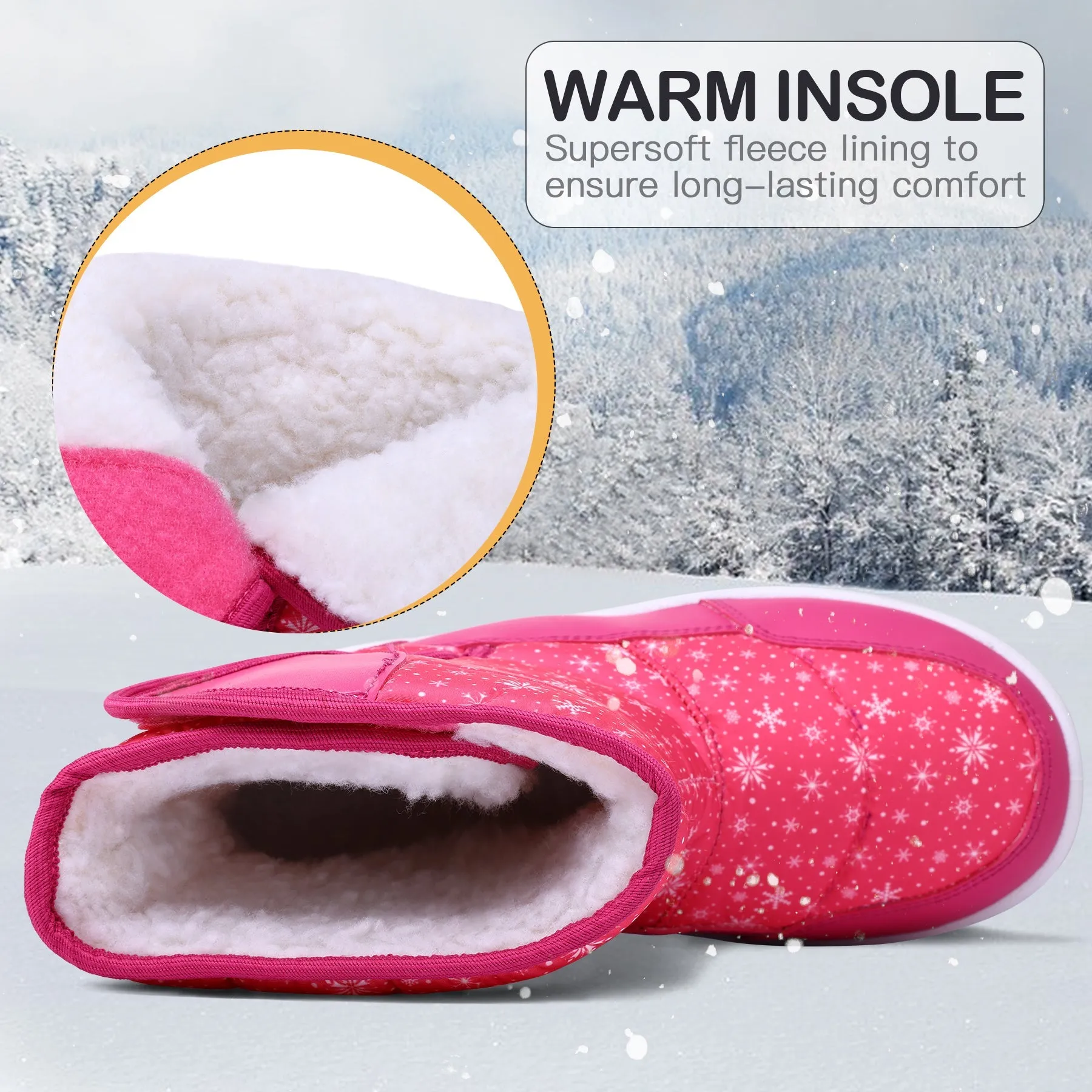 Pink Snowflake Fur Lined Waterproof Snow Boots