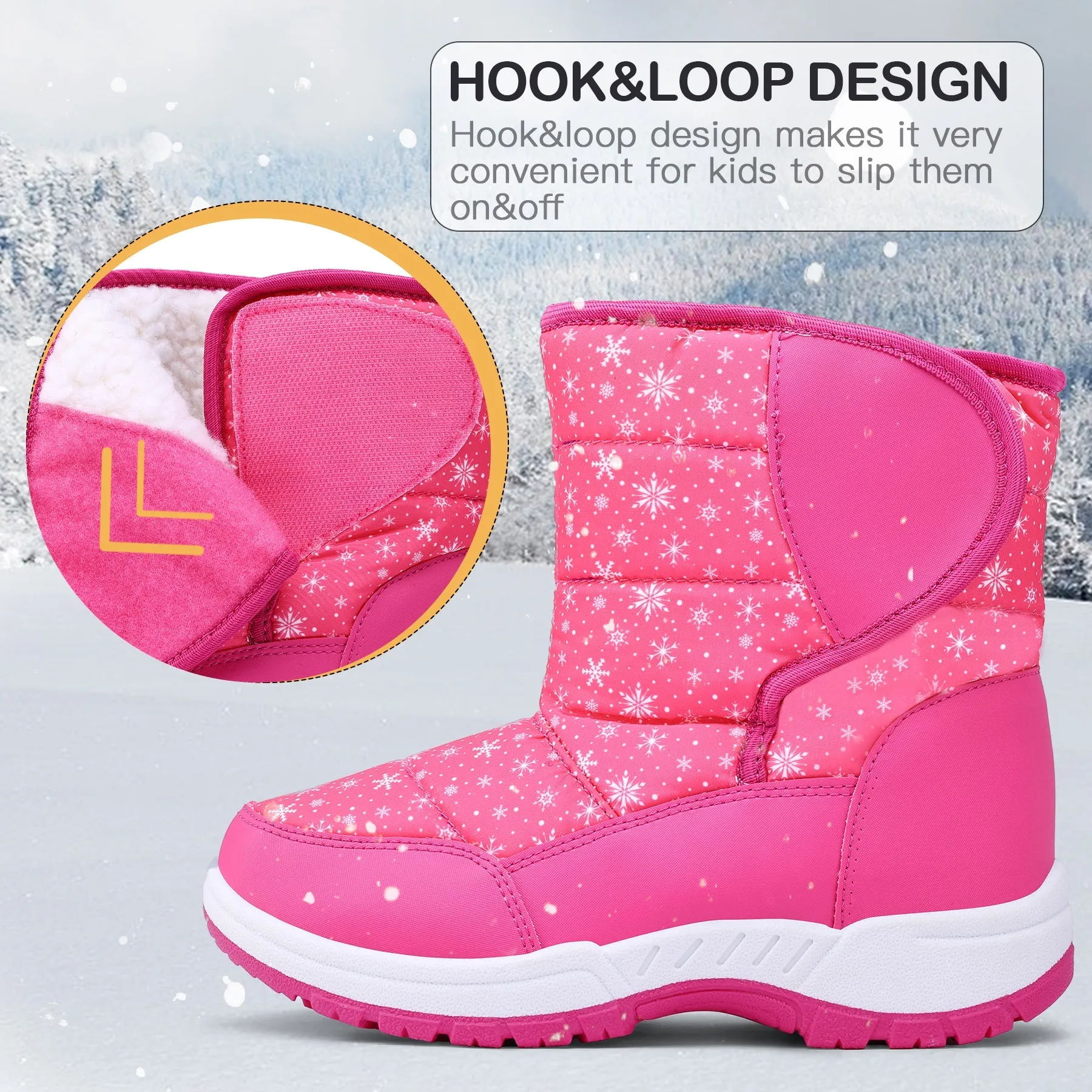 Pink Snowflake Fur Lined Waterproof Snow Boots