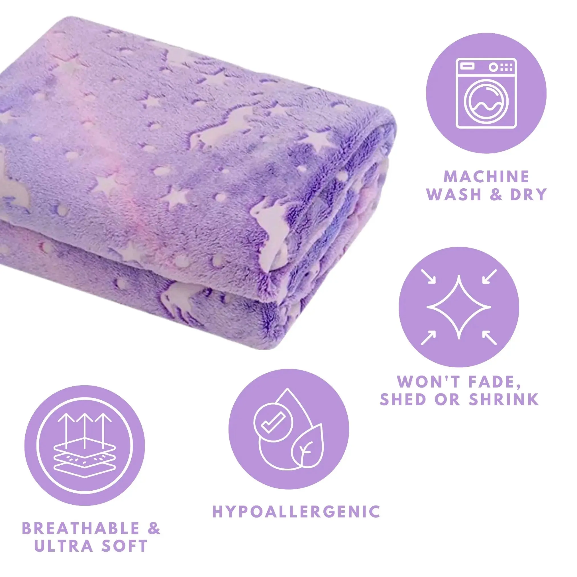 Purple Unicorn Blanket | Glow In The Dark Blanket For Kids | Queen-Size