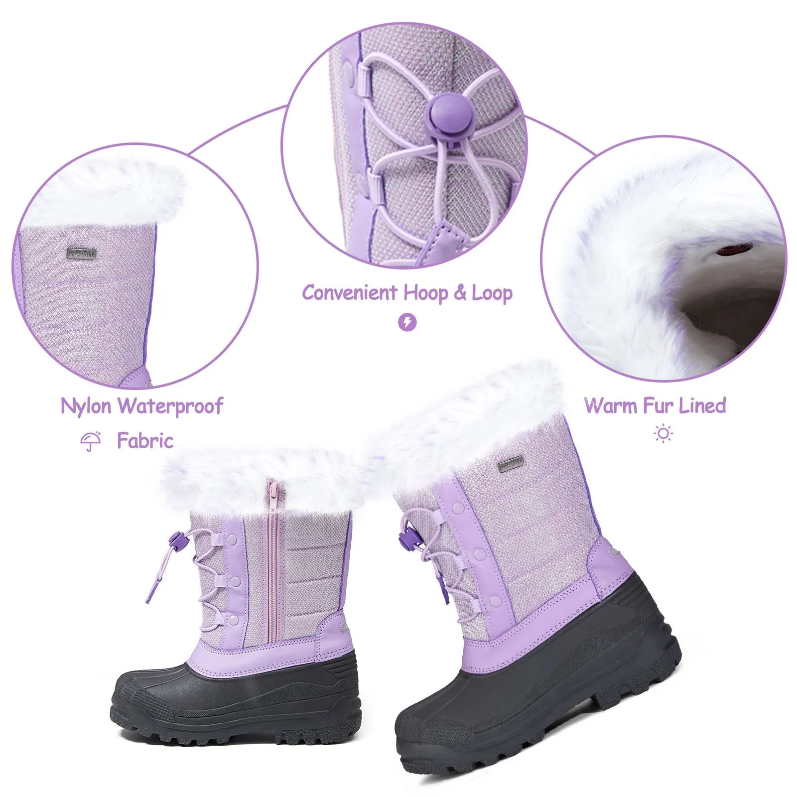 Purple/Pink Fur Lined Non-Slip Waterproof Snow Boots