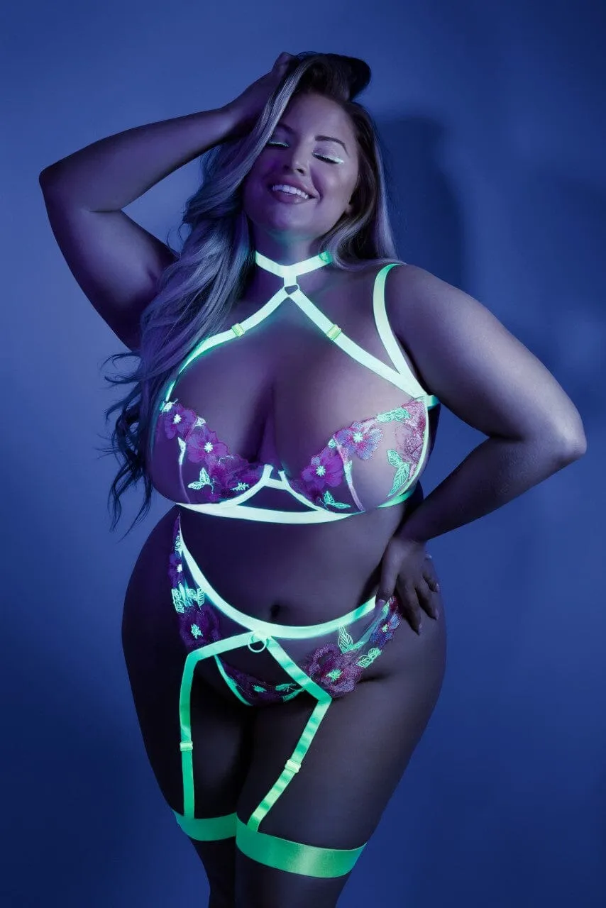 Queen Size UV Reactive Harnessed Cage Bra, Garter Belt & Panty