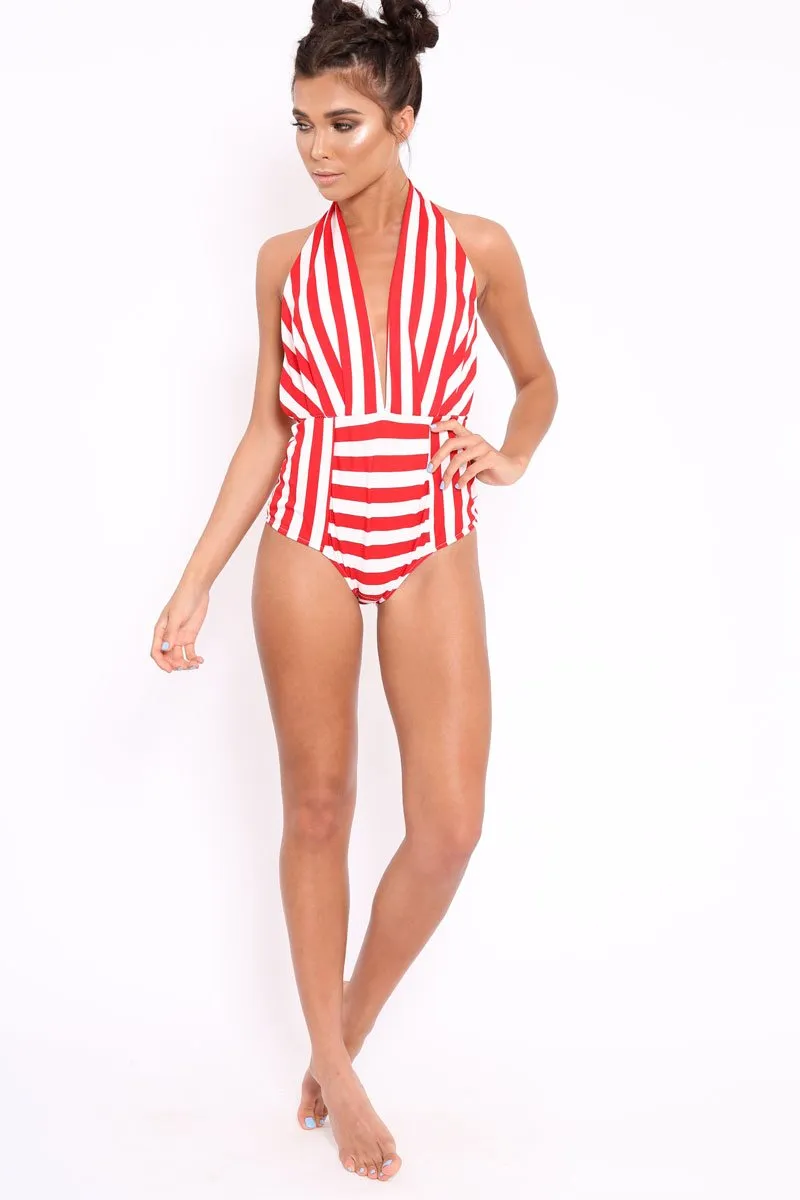 Red and White Stripe Halterneck Swimsuit - Cidney