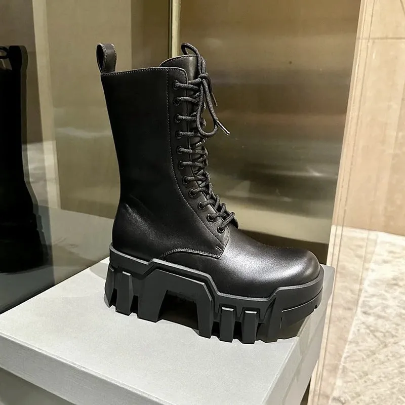 Round Head Thick Bottom Genuine Leather Lace-up Martin Boots Height Increasing Gear Tank Boots Cool Black Punk Platform Motorcycle Boots Generation Hair