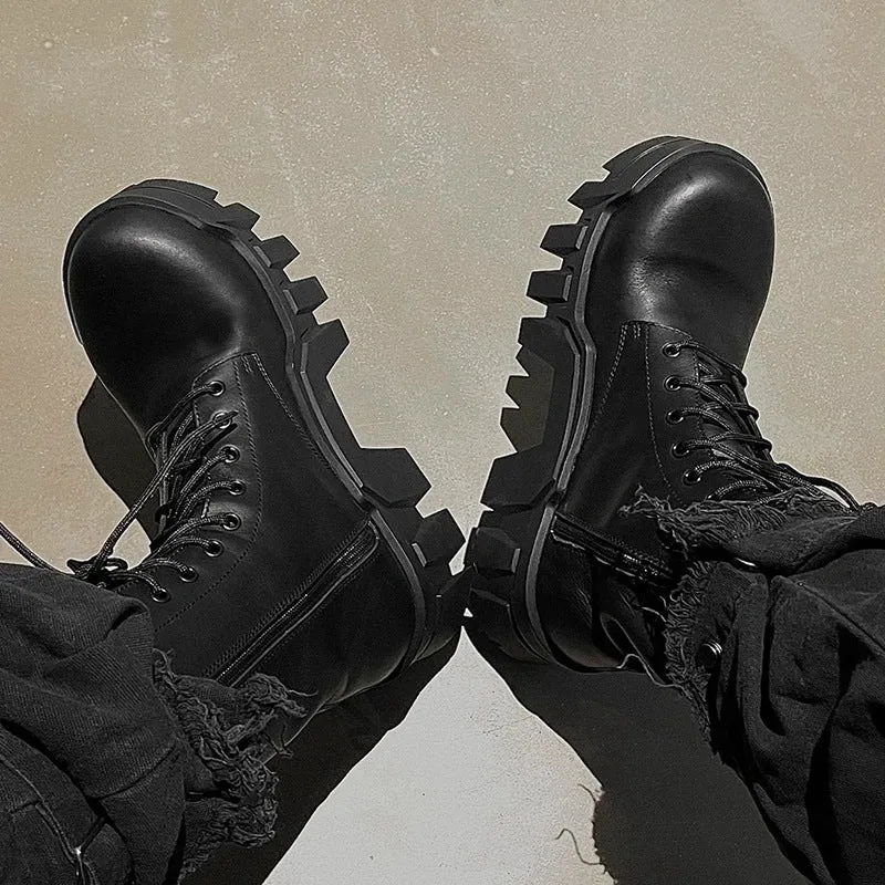 Round Head Thick Bottom Genuine Leather Lace-up Martin Boots Height Increasing Gear Tank Boots Cool Black Punk Platform Motorcycle Boots Generation Hair