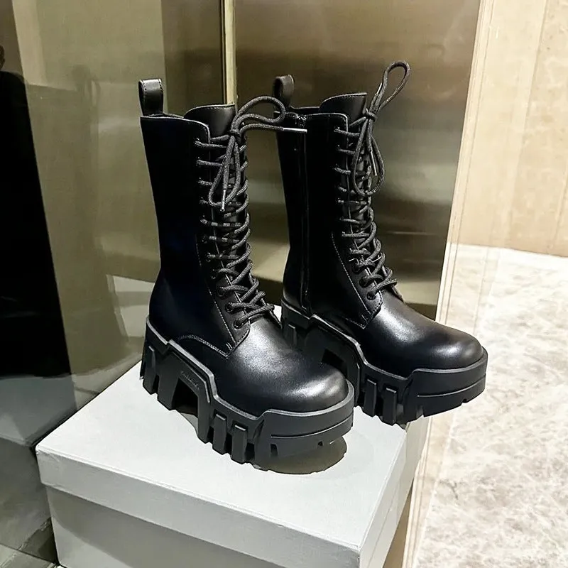 Round Head Thick Bottom Genuine Leather Lace-up Martin Boots Height Increasing Gear Tank Boots Cool Black Punk Platform Motorcycle Boots Generation Hair