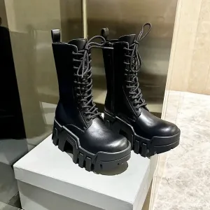 Round Head Thick Bottom Genuine Leather Lace-up Martin Boots Height Increasing Gear Tank Boots Cool Black Punk Platform Motorcycle Boots Generation Hair