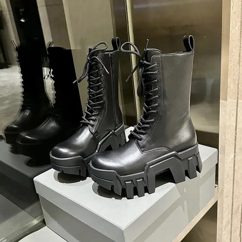 Round Head Thick Bottom Genuine Leather Lace-up Martin Boots Height Increasing Gear Tank Boots Cool Black Punk Platform Motorcycle Boots Generation Hair