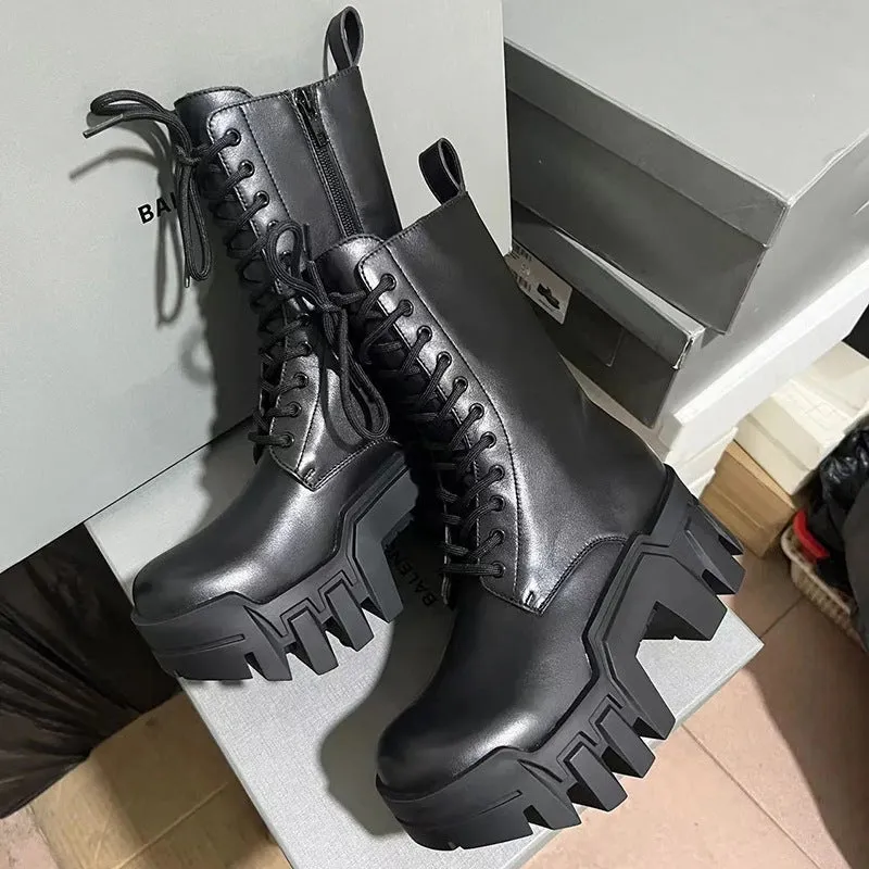 Round Head Thick Bottom Genuine Leather Lace-up Martin Boots Height Increasing Gear Tank Boots Cool Black Punk Platform Motorcycle Boots Generation Hair
