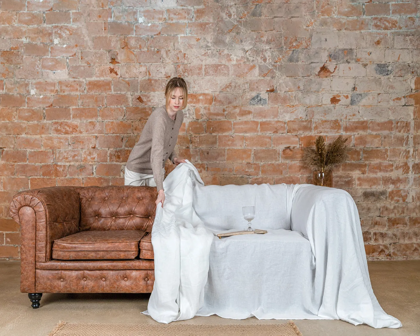 Seamless linen couch cover in Camel Brown color (density 175 g/m2)