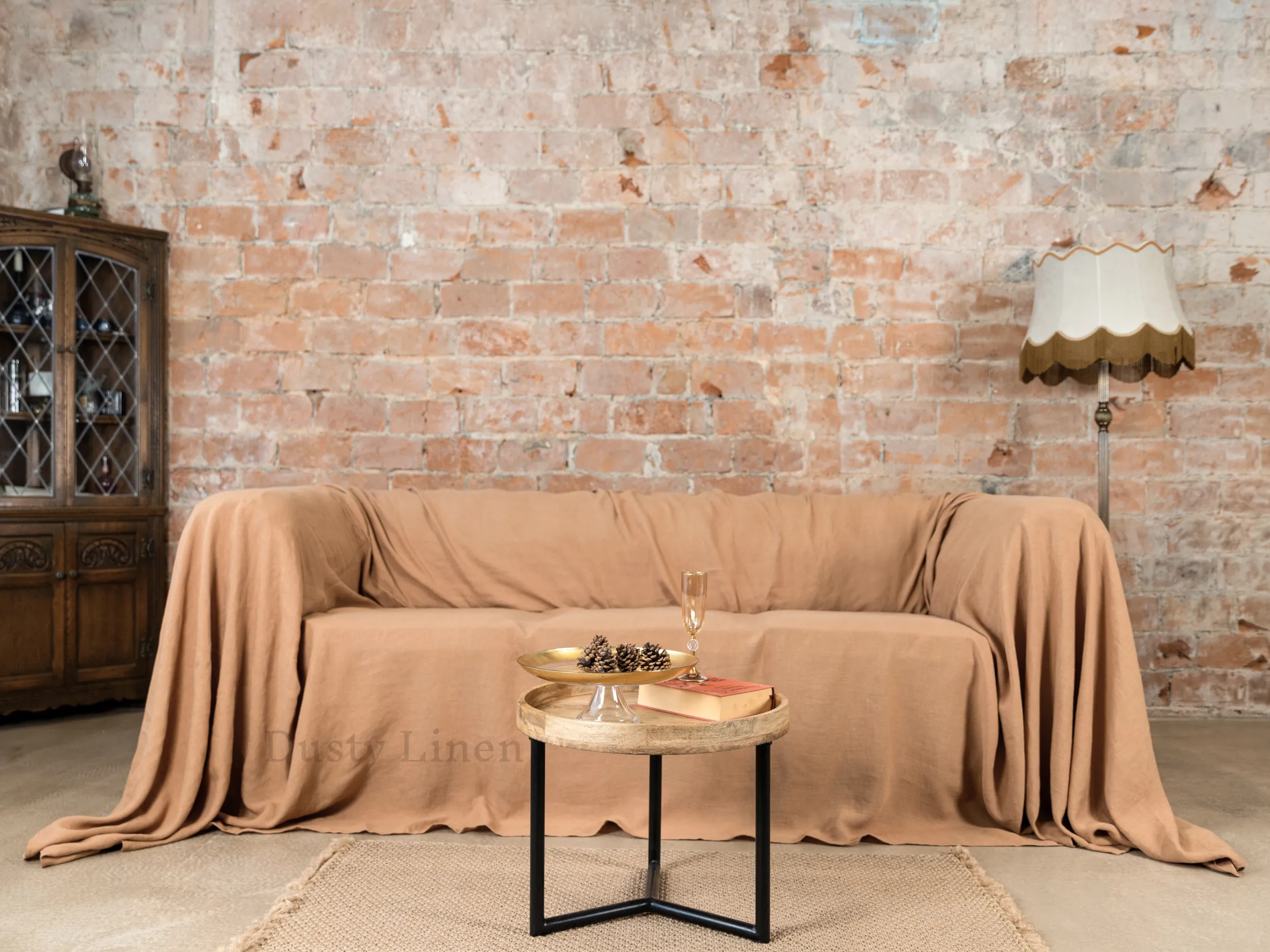 Seamless linen couch cover in Camel Brown color (density 175 g/m2)