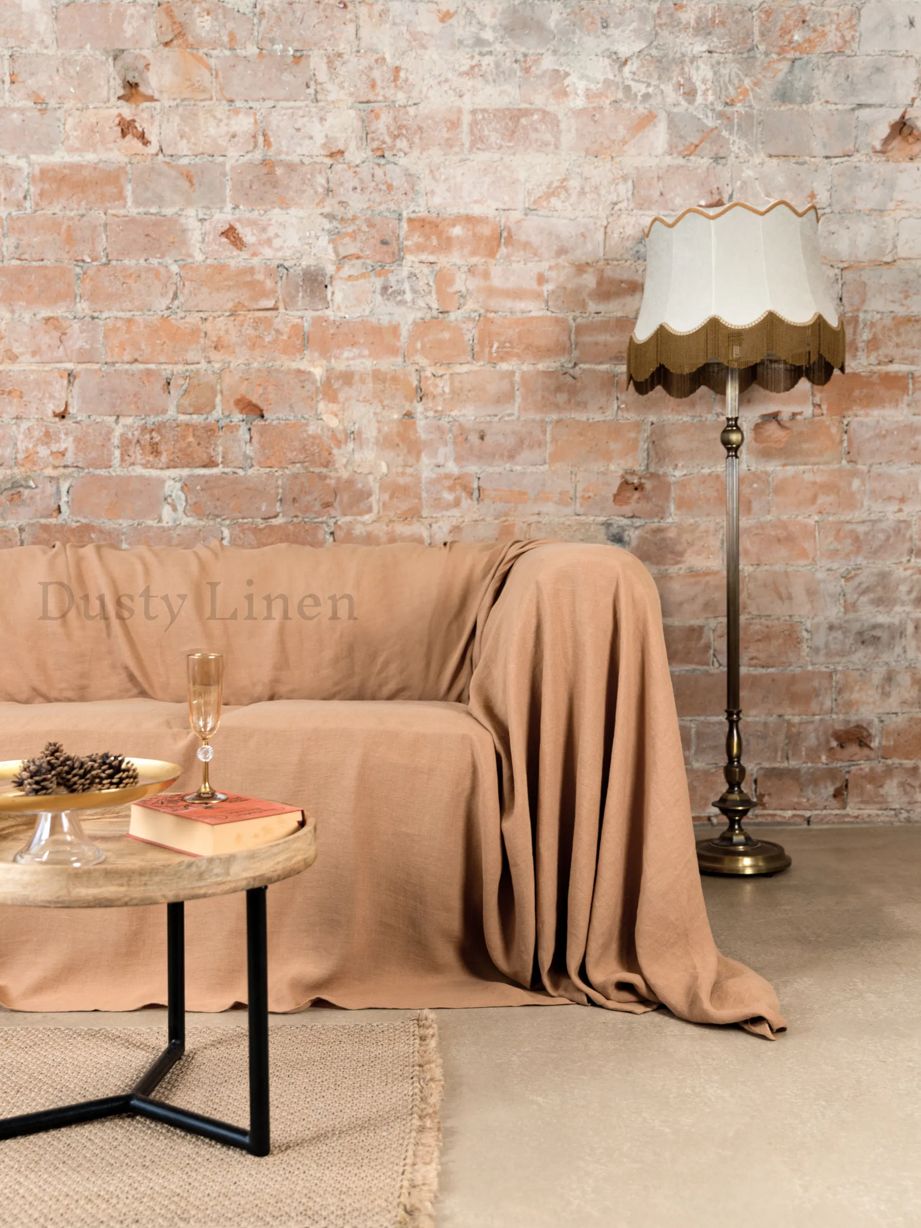 Seamless linen couch cover in Camel Brown color (density 175 g/m2)