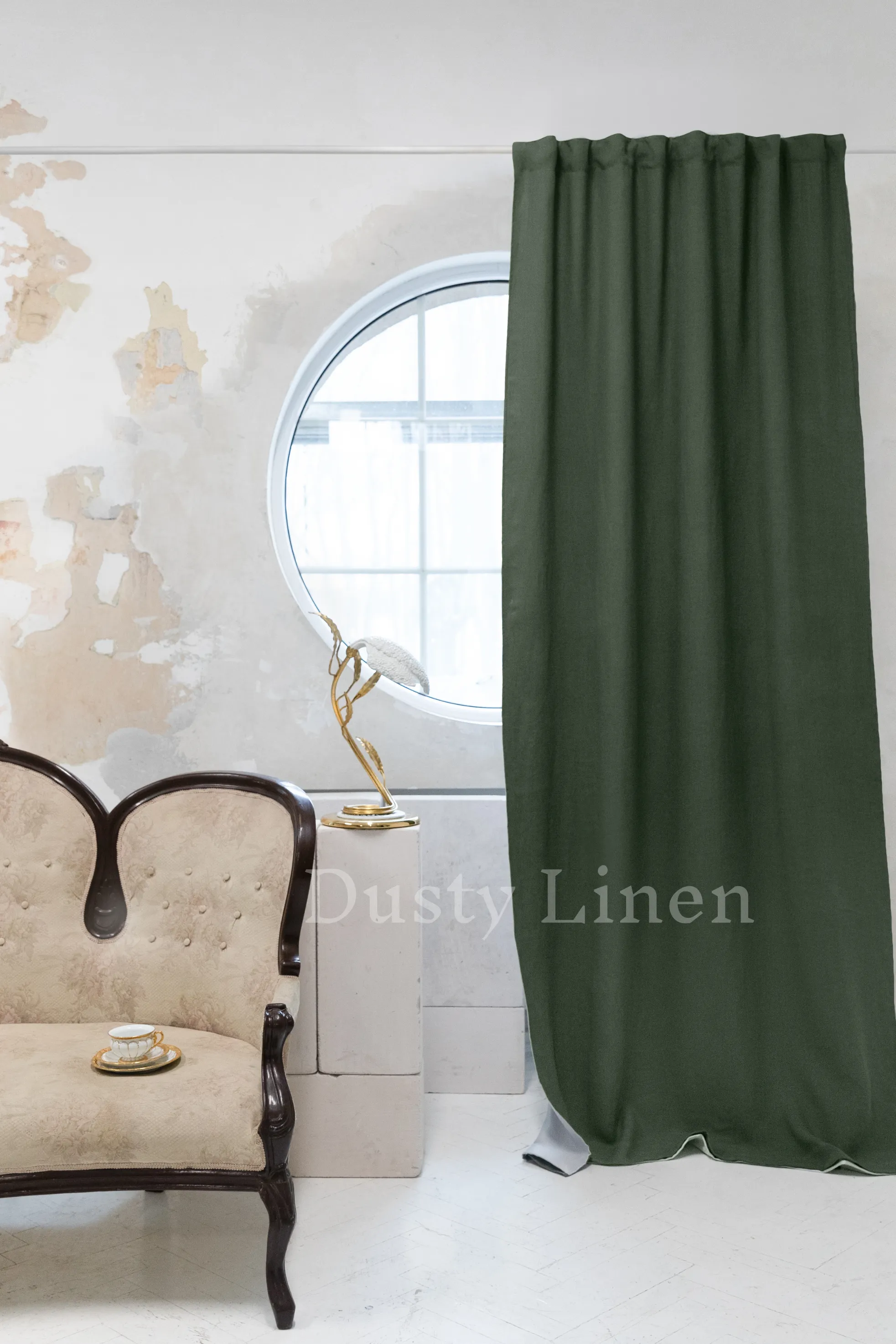 Set of 2 blackout linen curtains in Safari Green color
