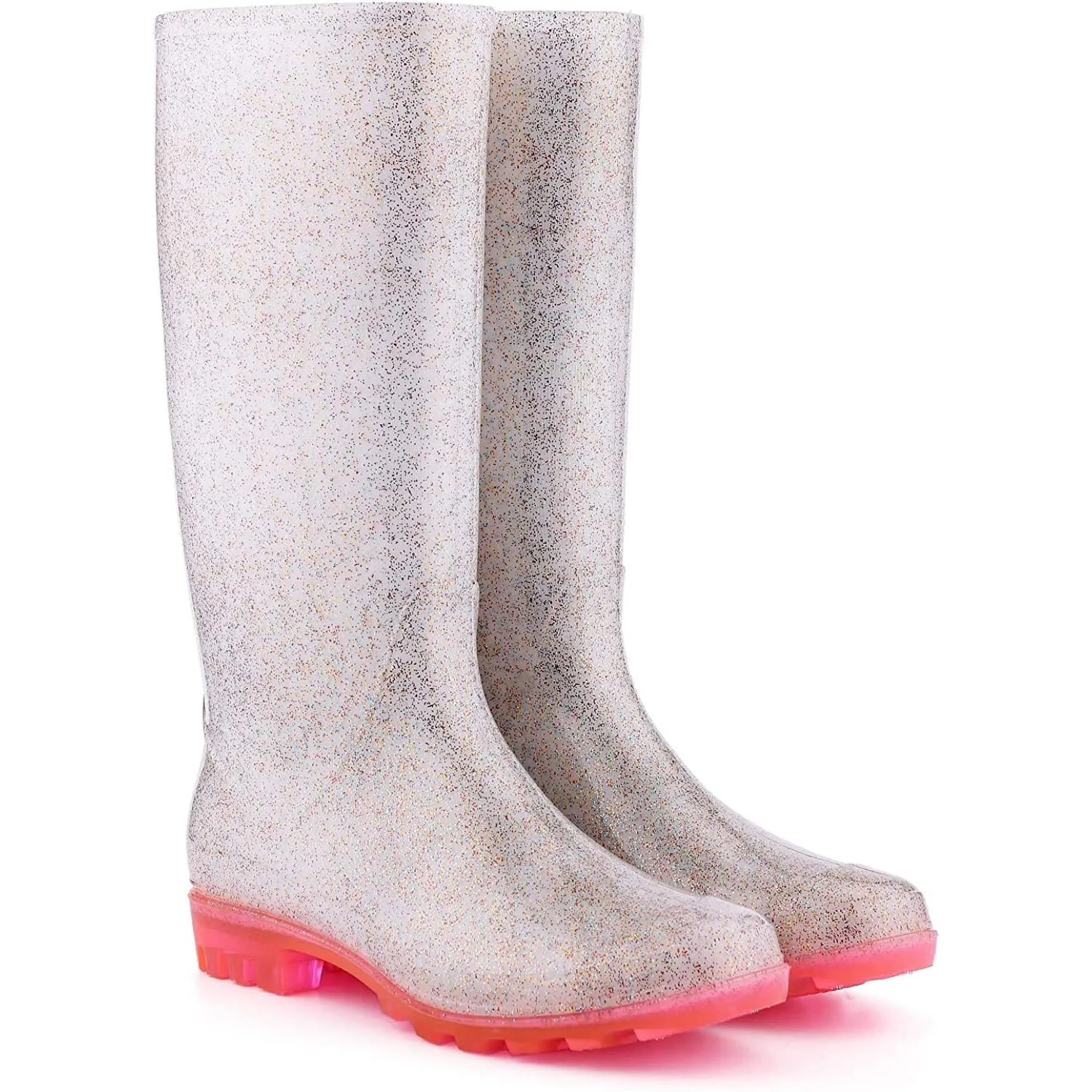 Silver Glitter Pink Sole Tall Waterproof Rain Boots
