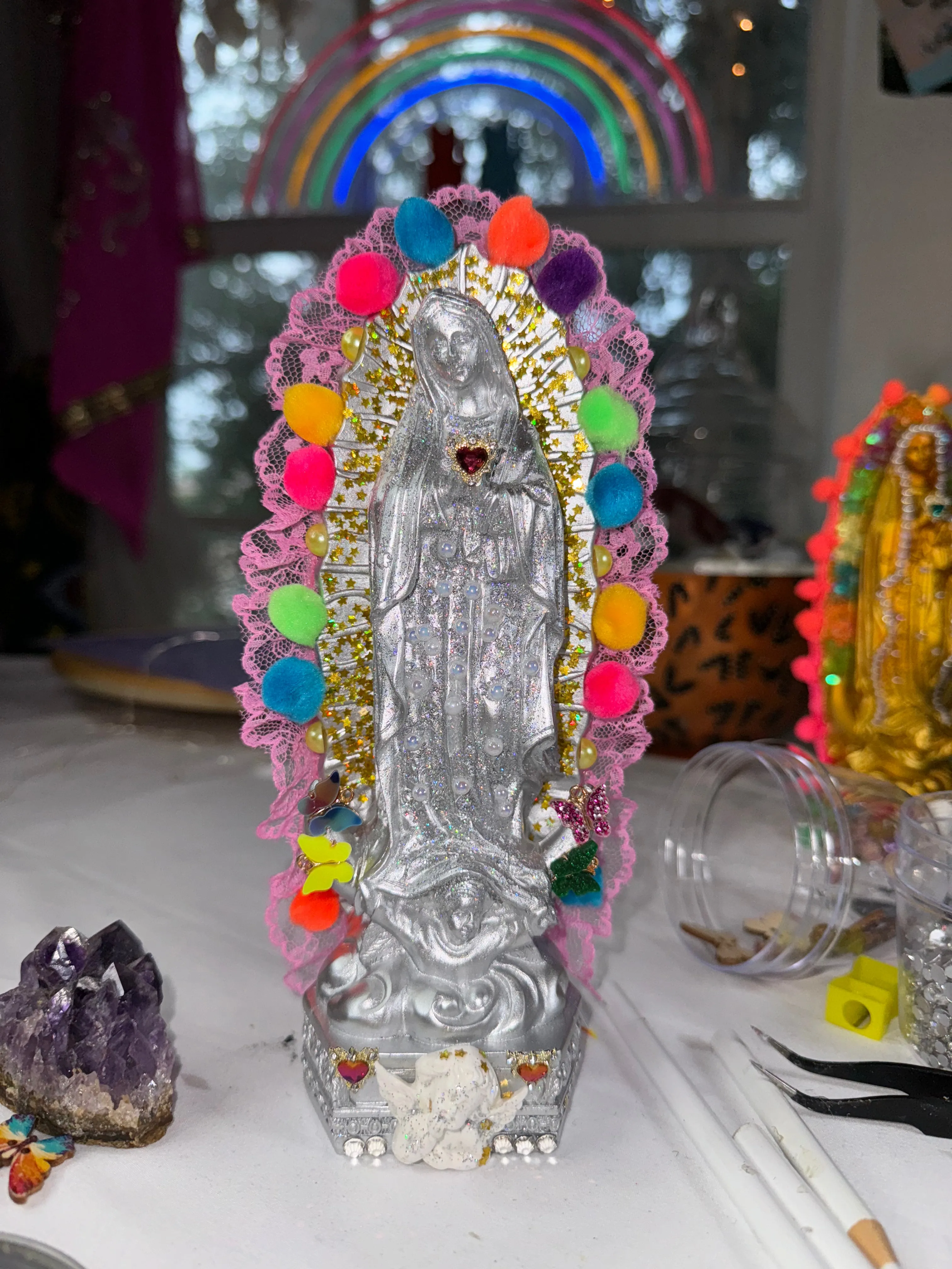 Silver Virgen de Guadalupe statue