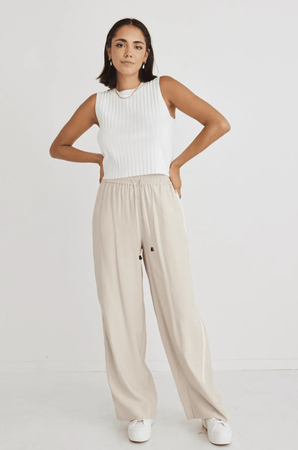 STORIES BE TOLD Townie Sand Stripe Side Tape Wide Leg Pants - Sand