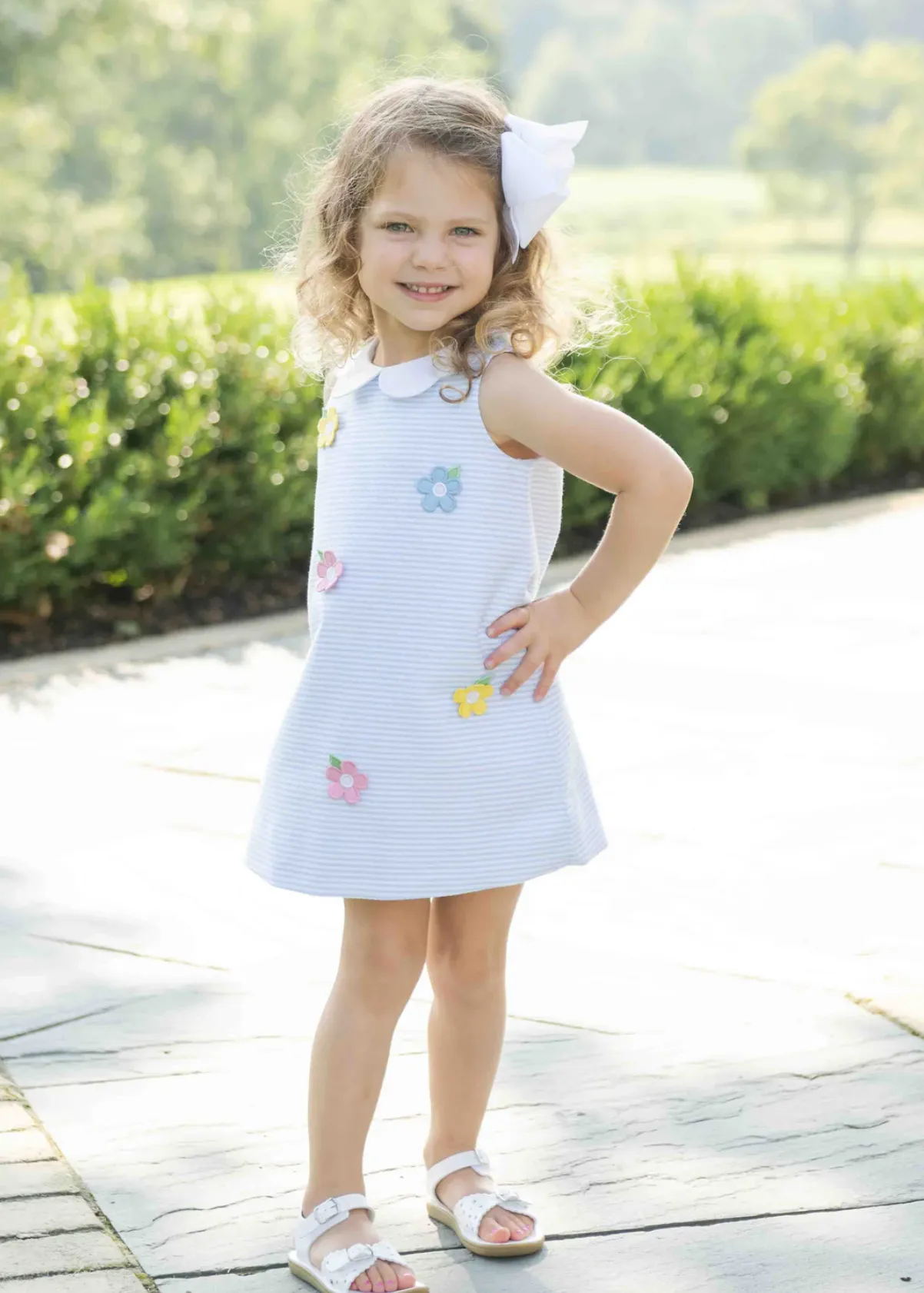 Stripe Birdseye Pique Dress with Petal Collar and Flowers