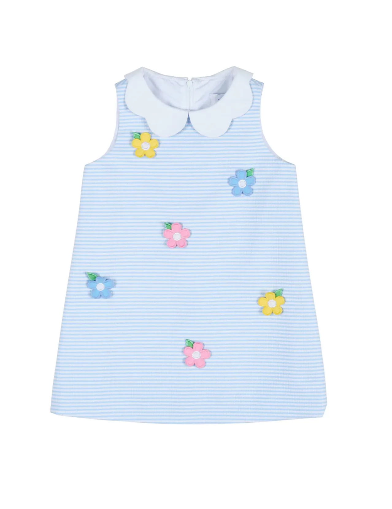 Stripe Birdseye Pique Dress with Petal Collar and Flowers