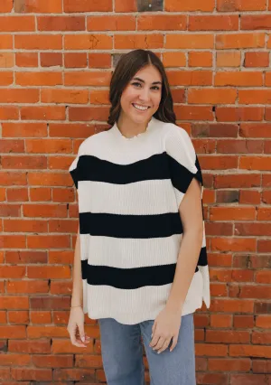 Striped Print Sleeveless Knit Top -Black