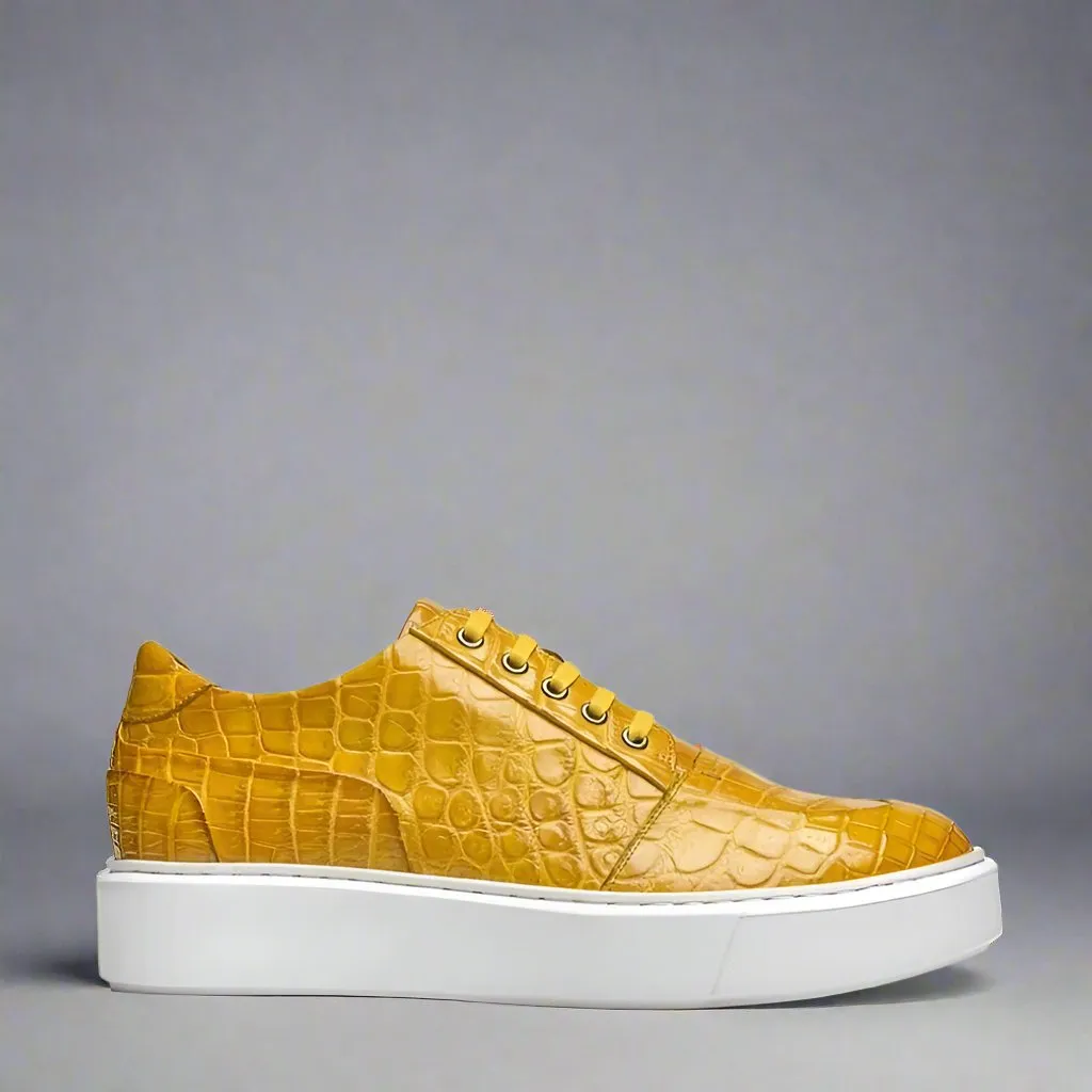 Tan Croc Print Leather  Lace Up With White Sole Sneakers - Sneakers