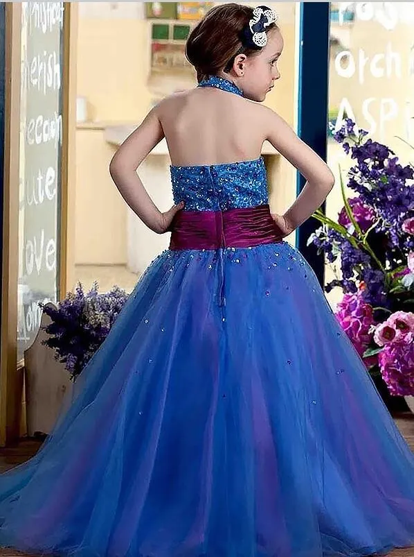 Tulle Halter Sleeveless Sequins Flower Girl Dresses Floor Length Ball Gown
