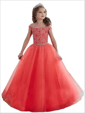 Tulle Off Shoulder Floor Length Flower Girl Dresses Ball Gown With Beading