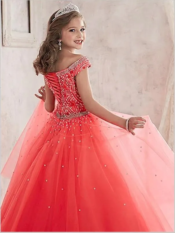 Tulle Off Shoulder Floor Length Flower Girl Dresses Ball Gown With Beading