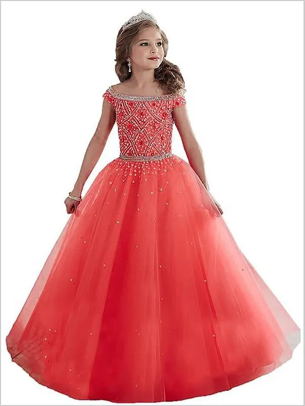 Tulle Off Shoulder Floor Length Flower Girl Dresses Ball Gown With Beading