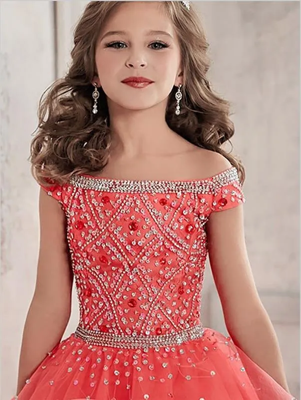 Tulle Off Shoulder Floor Length Flower Girl Dresses Ball Gown With Beading