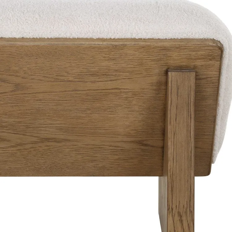 Uttermost Wedged Ivory Faux Sheepskin Cushioned Seat Oak Wood Bench