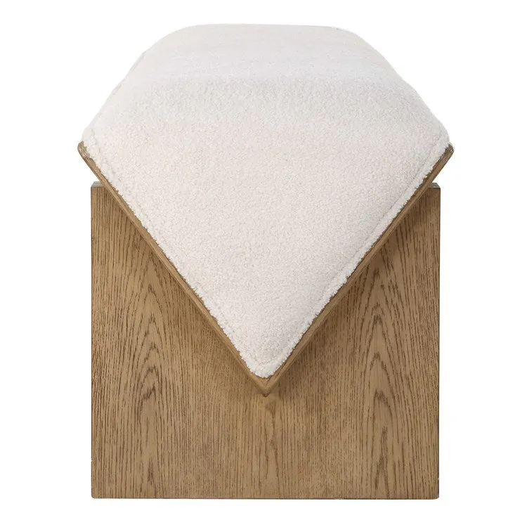 Uttermost Wedged Ivory Faux Sheepskin Cushioned Seat Oak Wood Bench